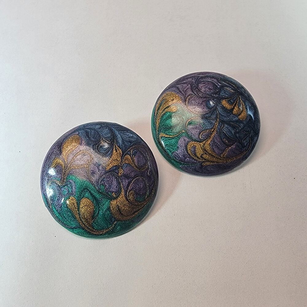 Purple Green & Gold Swirl Resin Statement Earrings, Marbled Design, Bold Jewelry
